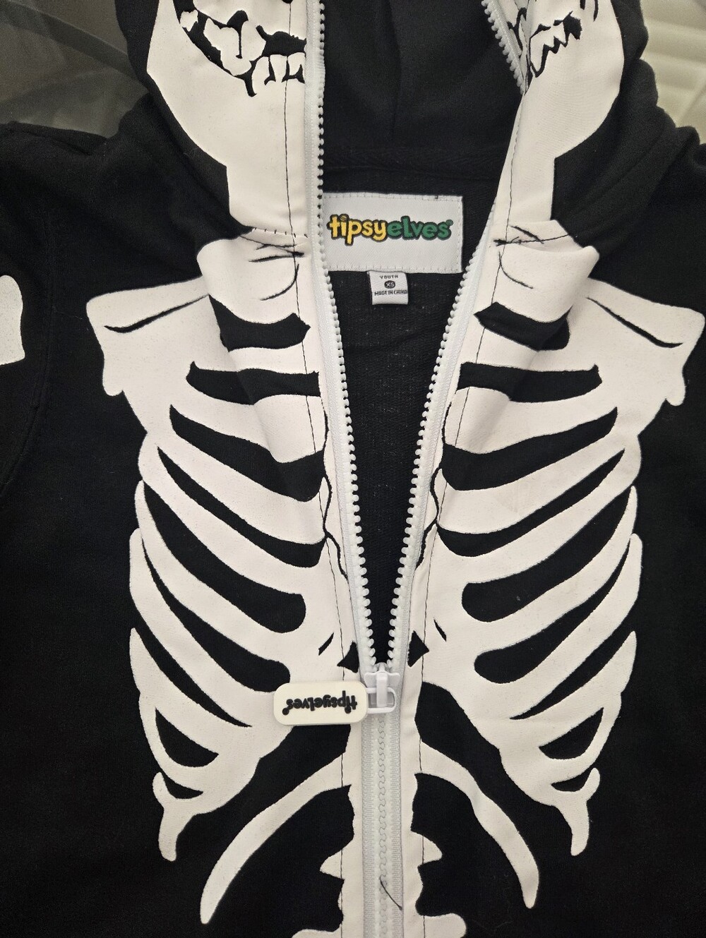 Youth Black Skeleton One-Piece Costume With Hoodie -1 Available - Picture 3 of 6